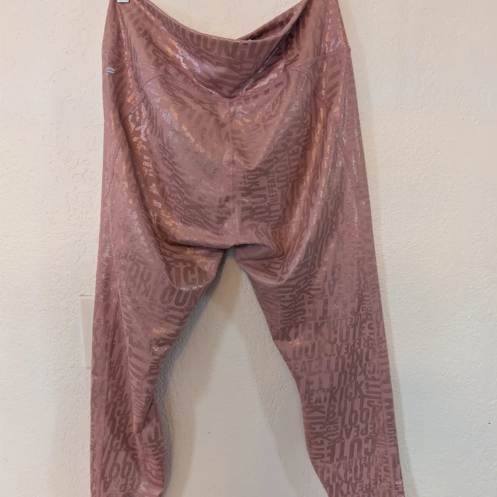 Fabletics Powerhold High Waisted Leggings Pink Sparkle Holographic Spell Out - Picture 7 of 7